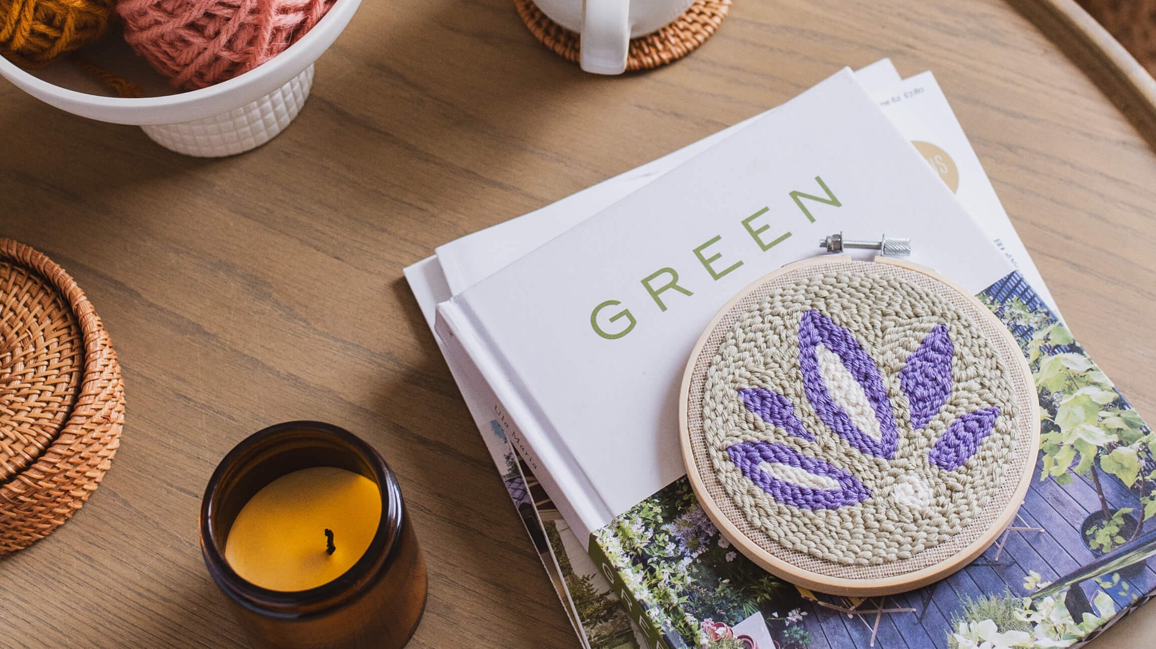 punch needle hoop on coffee table