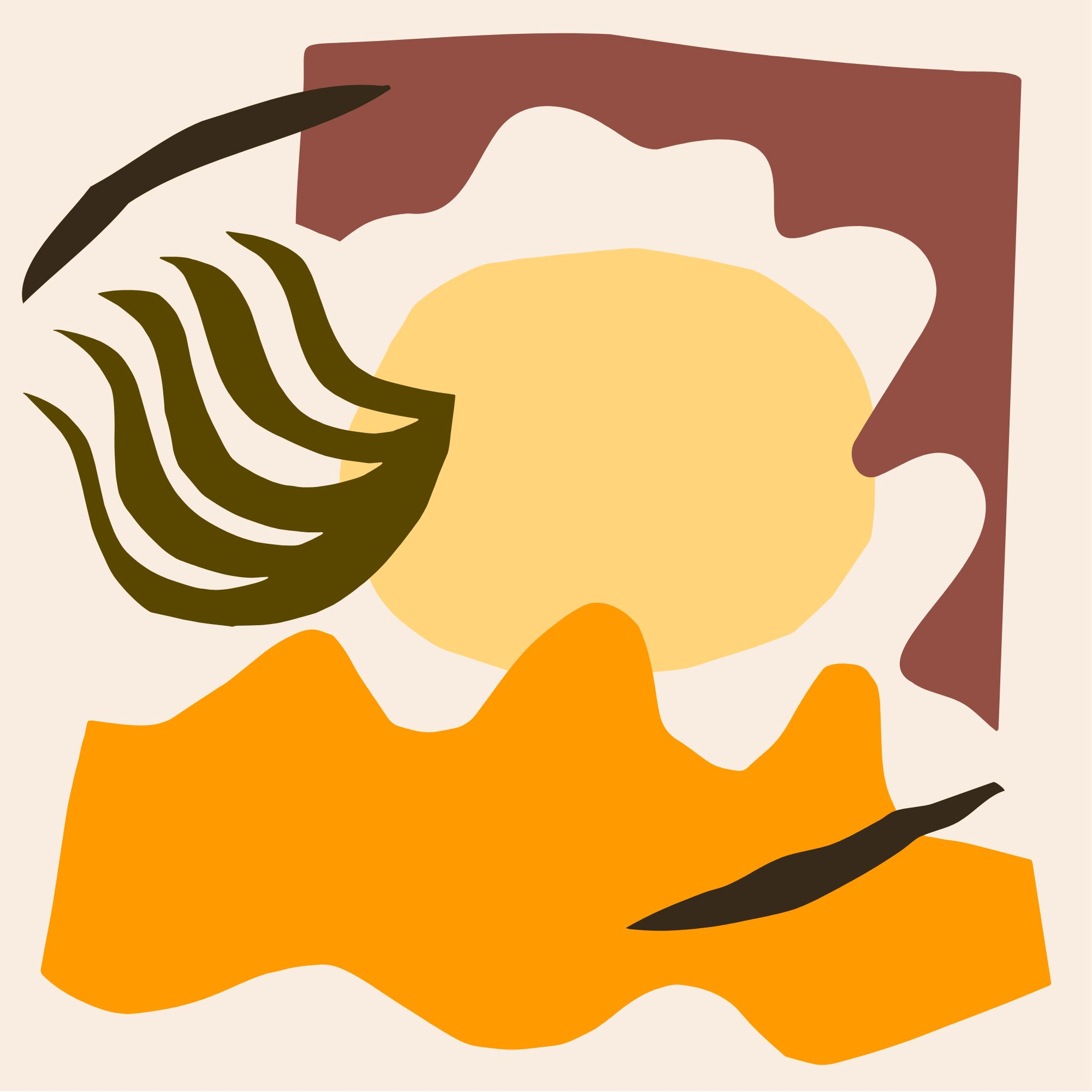 Abstract art with geometric shapes in orange, green, and brown on a beige background