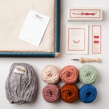 Load image into Gallery viewer, premium punch needle starter bundle with gripper strip frame, monks cloth, oxford punch needle and 100% wool rug yarn