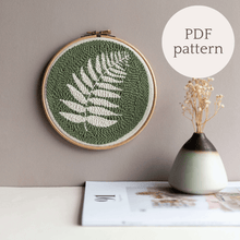Load image into Gallery viewer, Finished Fern punch needle hoop wall hanging, text to indicate it is a PDF pattern