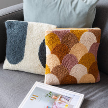 Load image into Gallery viewer, autumn scallop punch needle cushion kit using monks cloth, wool rug yarn and a reusable wooden punch needle frame