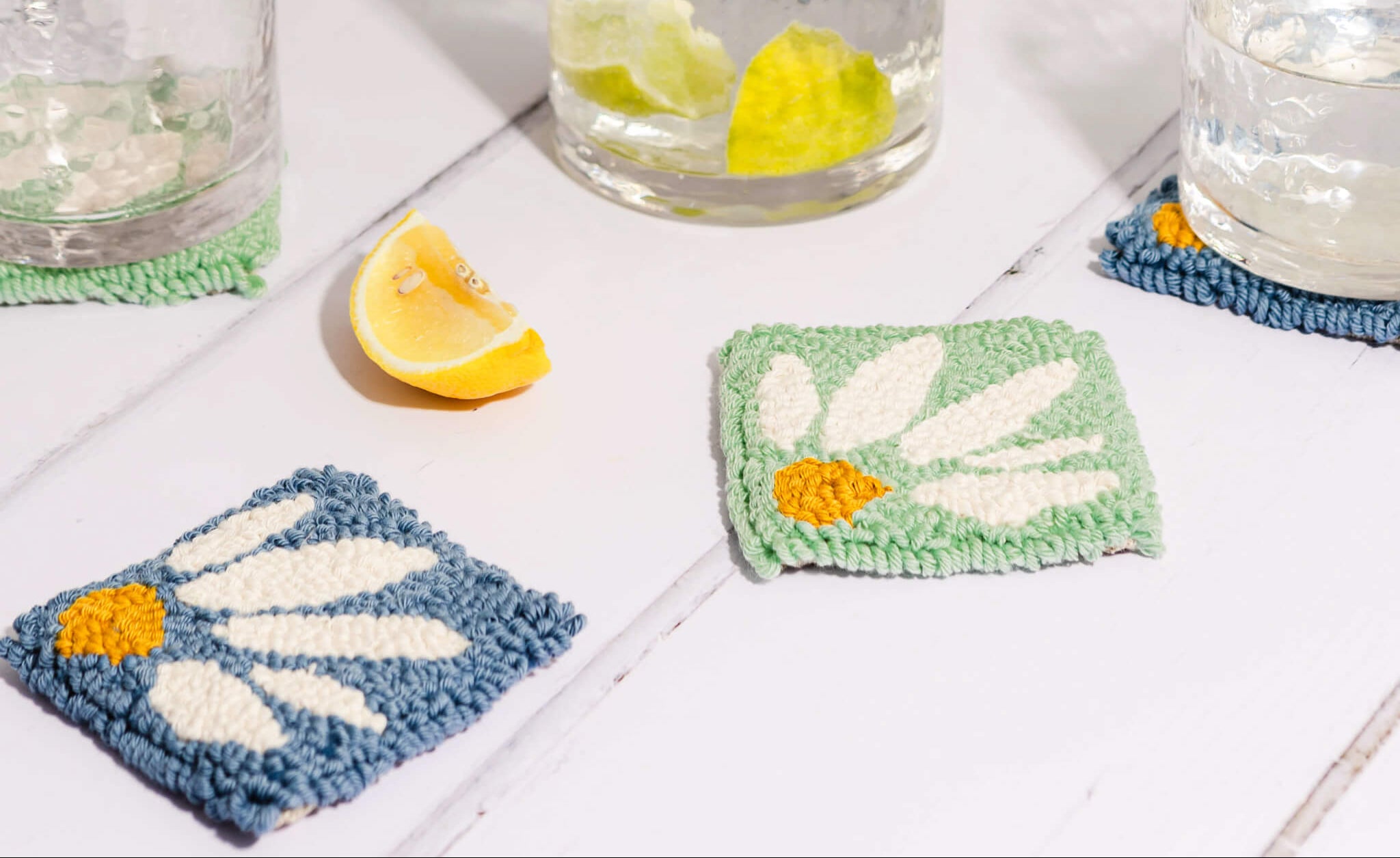 punch needle daisy coasters