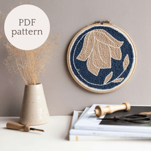 Load image into Gallery viewer, Autumnal floral punch needle hoop on a wall styled with dry flowers, text to indicate it is a PDF pattern
