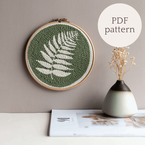 Finished Fern punch needle hoop wall hanging, text to indicate it is a PDF pattern