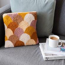 Load image into Gallery viewer, autumn scallop punch needle cushion kit using monks cloth, wool rug yarn and a reusable wooden punch needle frame