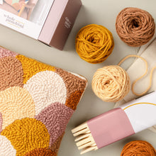 Load image into Gallery viewer, autumn scallop punch needle cushion kit using monks cloth, wool rug yarn and a reusable wooden punch needle frame