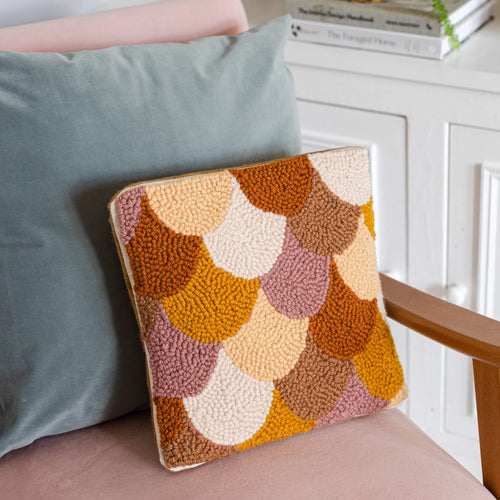 autumn scallop punch needle cushion kit using monks cloth, wool rug yarn and a reusable wooden punch needle frame