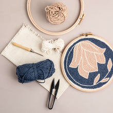 Load image into Gallery viewer, Finished autumnal punch needle hoop with embroidery hoop, yarn, monks cloth and Lavor punch needle