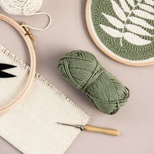 Load image into Gallery viewer, Finished fern punch needle hoop wall hanging with monks cloth, Lavor punch needle and embroidery hoop